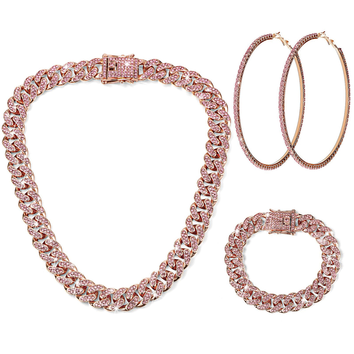 Batiyeer 3pcs Cuban Link Necklace Bracelet Set Women,18 Inch;Rose Gold Pink