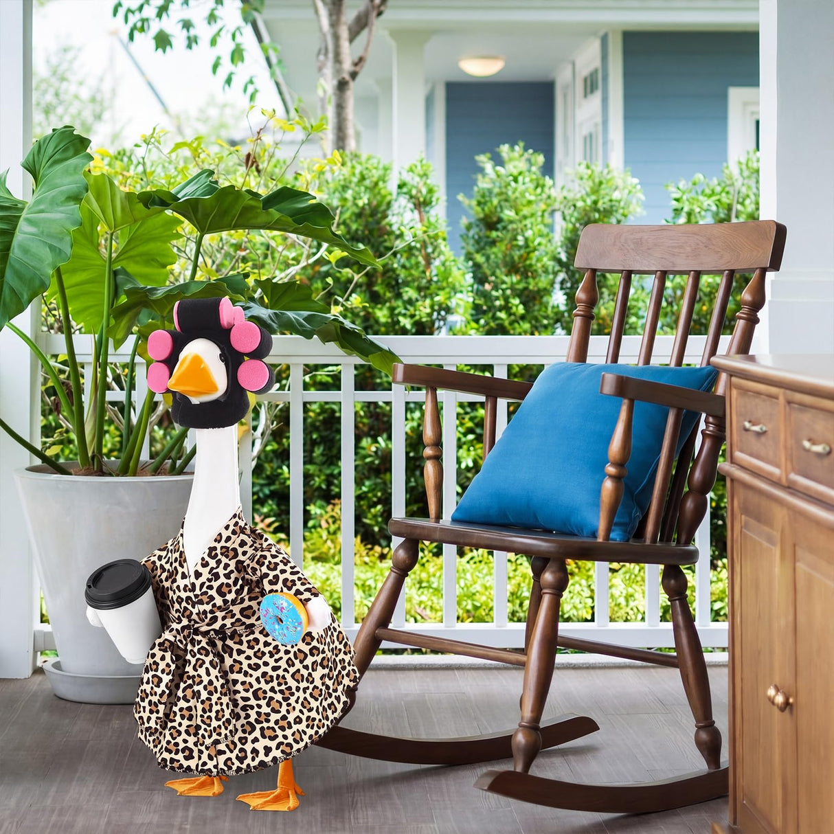 Shyyween Lady Porch Goose Outfit Leopard Print Bathrobe Goose Clothes with Curlers Coffee Cup for 23 Inch Cement/ Plastic Statue Outdoor Garden Yard Lawn Decoration
