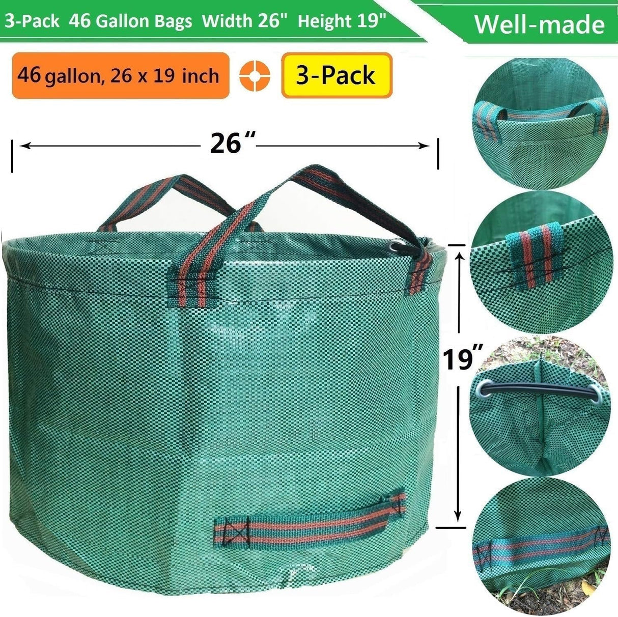 Standard 3-Pack 46 Gallon Lawn Garden Bags (D26,H19 in) Yard Waste Bags with Gardening Gloves for Leaf Bag,Yard Debris,Garden Trash Container,Camping Waste Bin,Lawn Weeds,Grass Clippings Bag 4 Handles