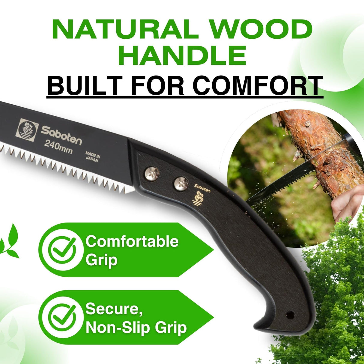 Saboten Japanese Pruning Saw 9.4 in (240mm) – Fluorine-Coated High-Carbon Steel Blade, 7.5mm Tooth Pitch, Smooth Pull Cuts, Wooden Handle, Wood Sheath Included, Made in Japan