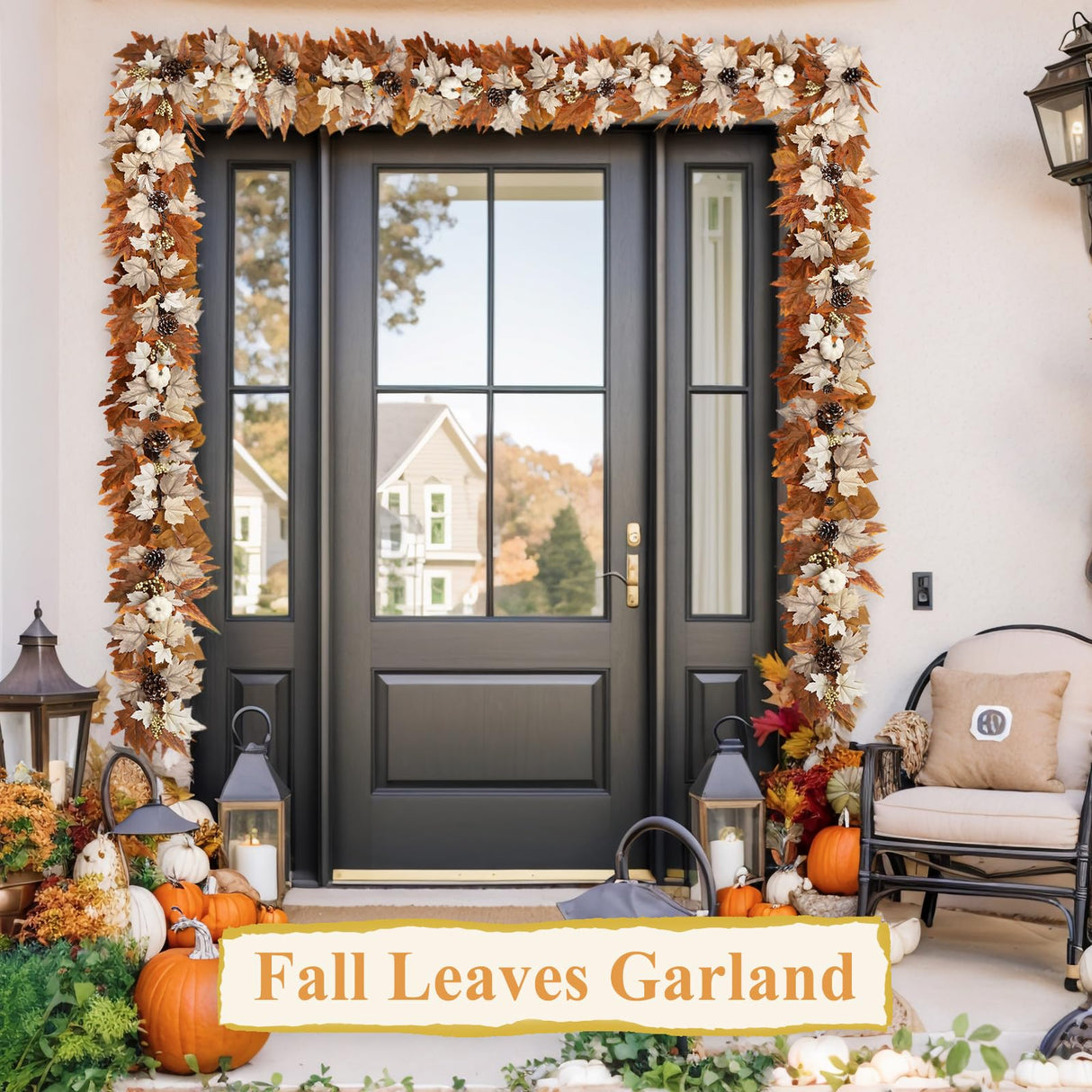 6 FT Fall Garland with Lights Automatic ON/Off Fall Leaves Mantle Garland with Pumpkins Berries Pinecones Outdoor Thanksgiving Christmas Autumn Centerpiece Decorations for Home Door Fireplace Porch