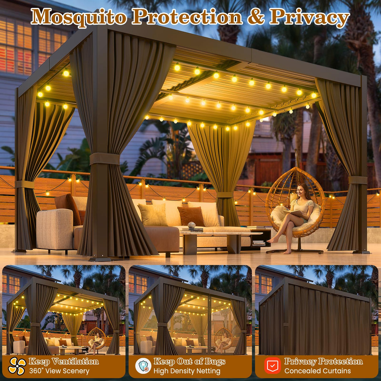 LEVELEVE 10' x 20' Louvered Pergola with Adjustable Roof, Outdoor Metal Patio Gazebo with Curtains & Netting, Gutter System, Large Hardtop Canopy for Garden, Deck, Backyard