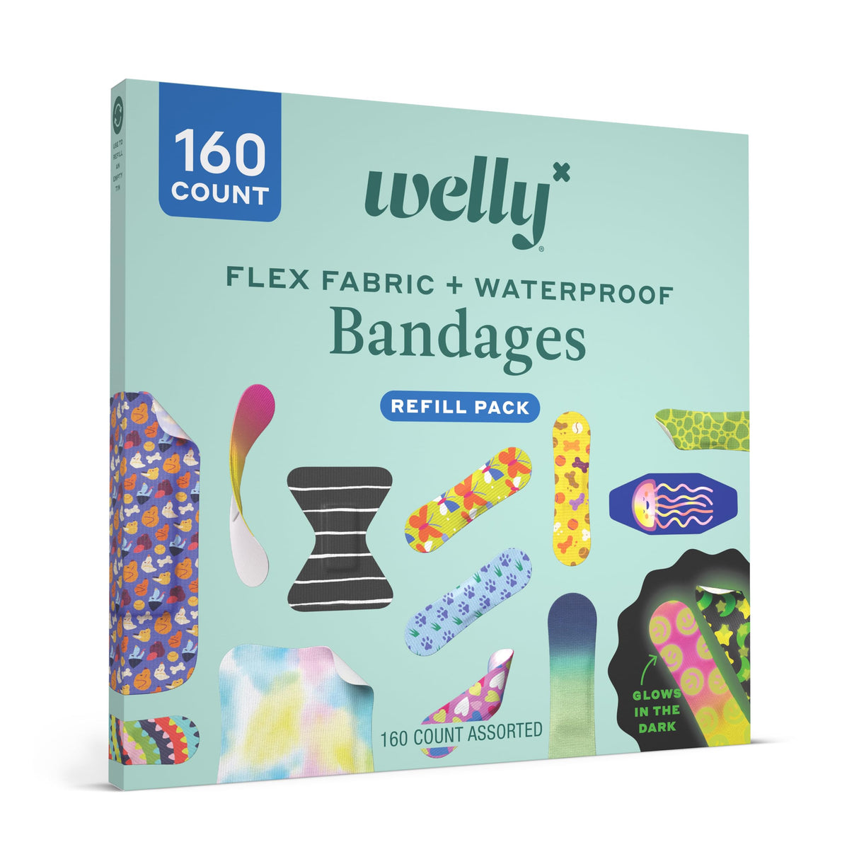 Welly Bandage Large Refill Pack | Adhesive Flexible Fabric, Glow-in-The-Dark & Waterproof Bandages | Assorted Shapes and Patterns for Minor Cuts, Scrapes, and Wounds - 160 Count