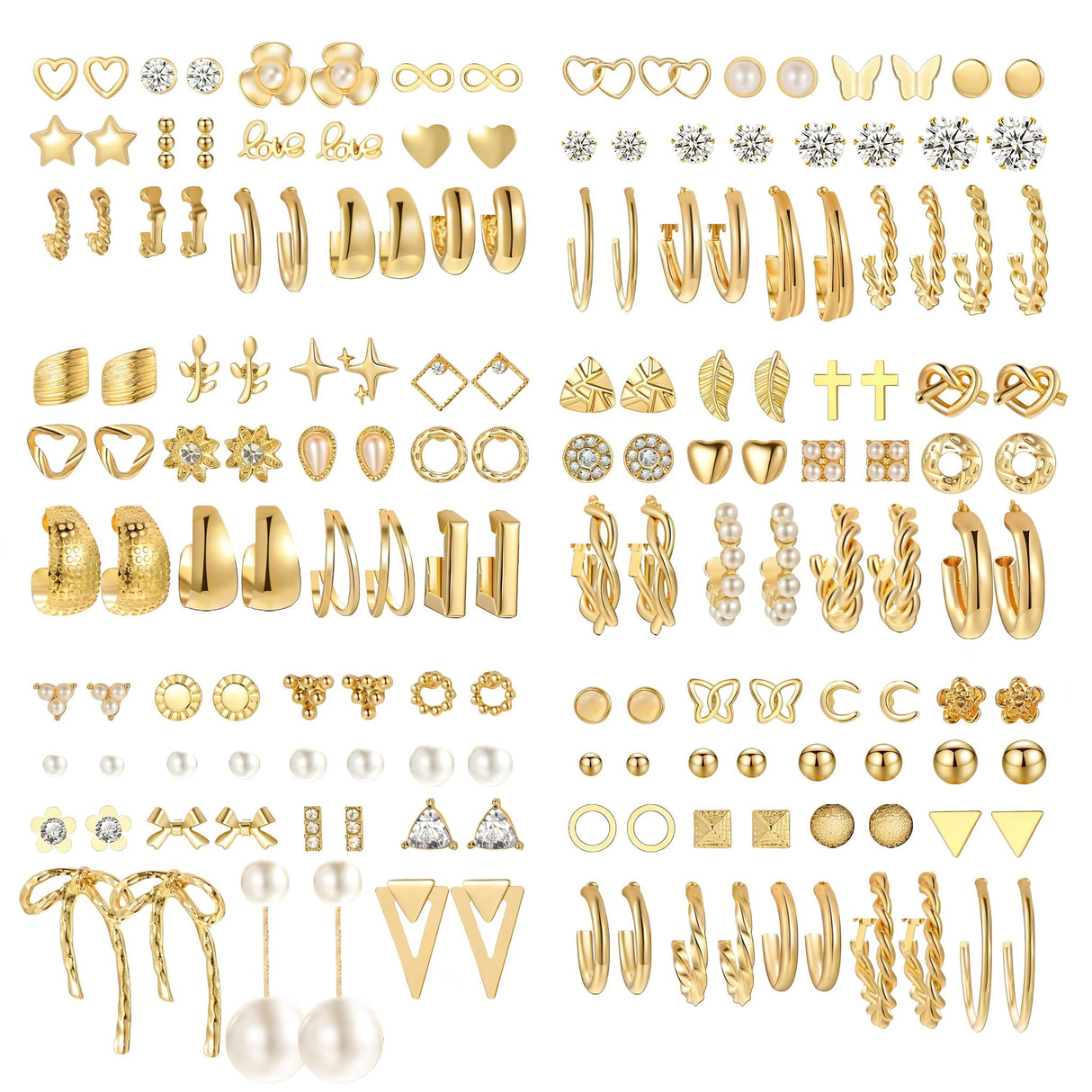 82 Pairs Gold Earrings for Women Trendy, Pearl Bow Small Hoop Stud Earrings Pack, Earring Set Multiple Piercing for Birthday Party Gift