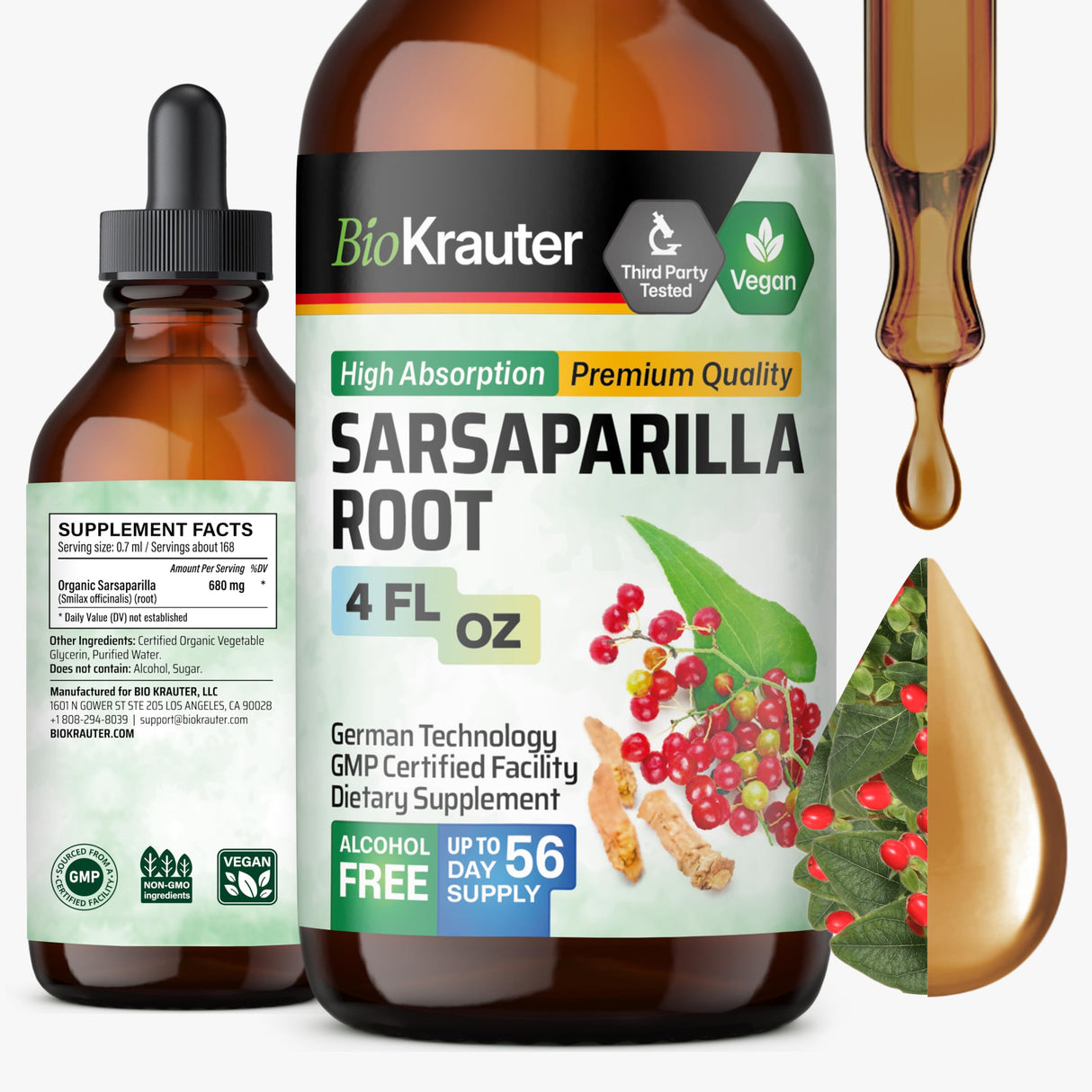 BIO KRAUTER Sarsaparilla Root Tincture - Herbal Liquid Extract Supplement for Liver Support - Alcohol & Sugar Free Sarsaparilla Extract - Vegan Drops 4 Fl.Oz.