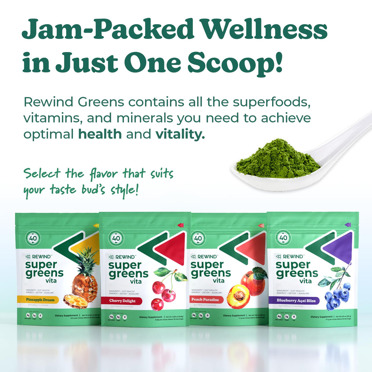 Rewind Best Tasting Super Greens Powder with 40+ Superfoods – Delicious Daily Green Powder with Vitamin B12, Zinc, Vitamin C, Magnesium & Calcium – Green Juice Superfood Mix - Blueberry Acai Flavor