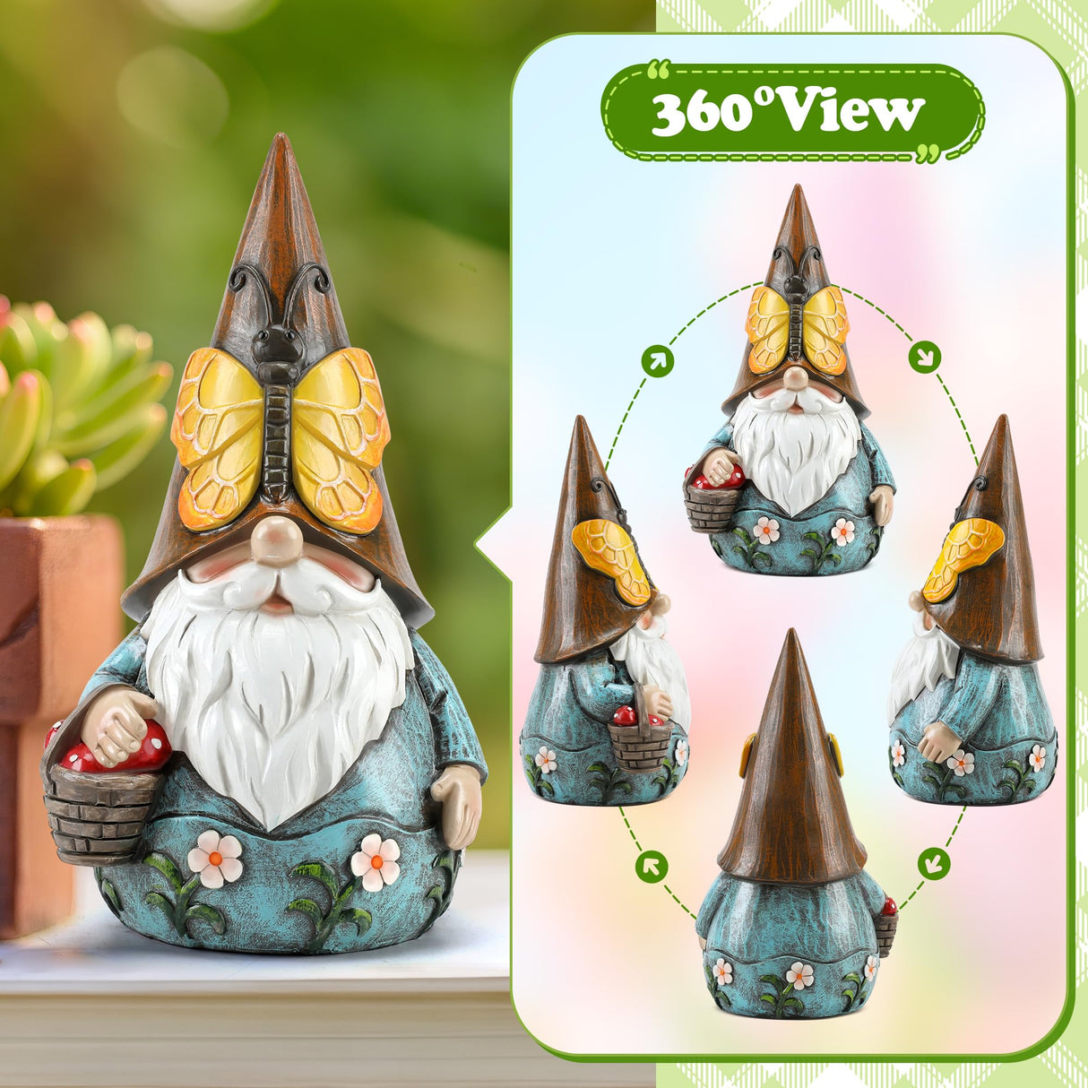 Wiresusan Outdoor Garden Gnome Statue, Butterfly Gnomes Decor Spring Butterfly Figurine, 7.3" Garden Gnomes Sculptures & Statues Outside Yard Lawn Patio Home Decoration, Nomes Gift