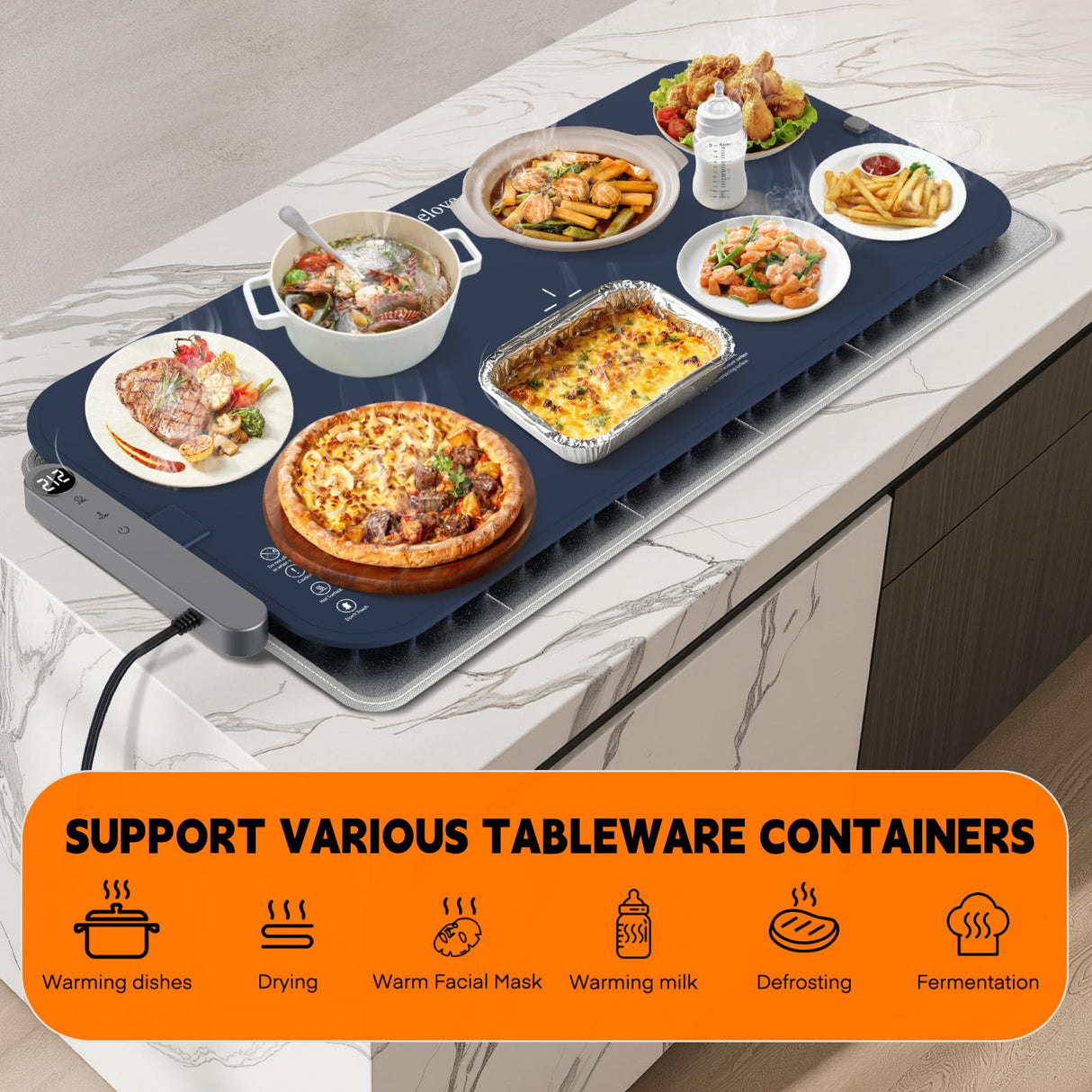 Homelove Warming Mat for Food - Electric Warming Tray with 6-Level Temperature and Hours Setting, Full Surface Graphene Heating, Waterproof Dishwasher-Friendly Food Warmer for Parties, Kitchen (Blue)