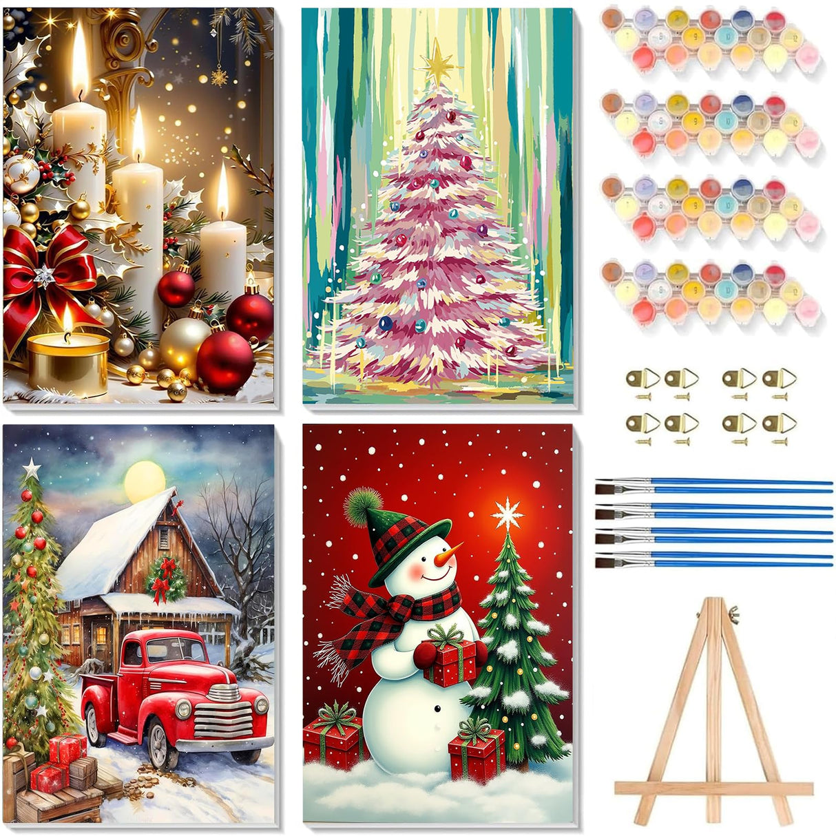 4 Pack Paint by Numbers Kit for Adults - Wooden Easel, Christmas Paint by Numbers with Frame, Christmas Adult Painting by Number Kits on Canvas, Easy Oil Painting Arts Gift Wall Decor 8x12inch