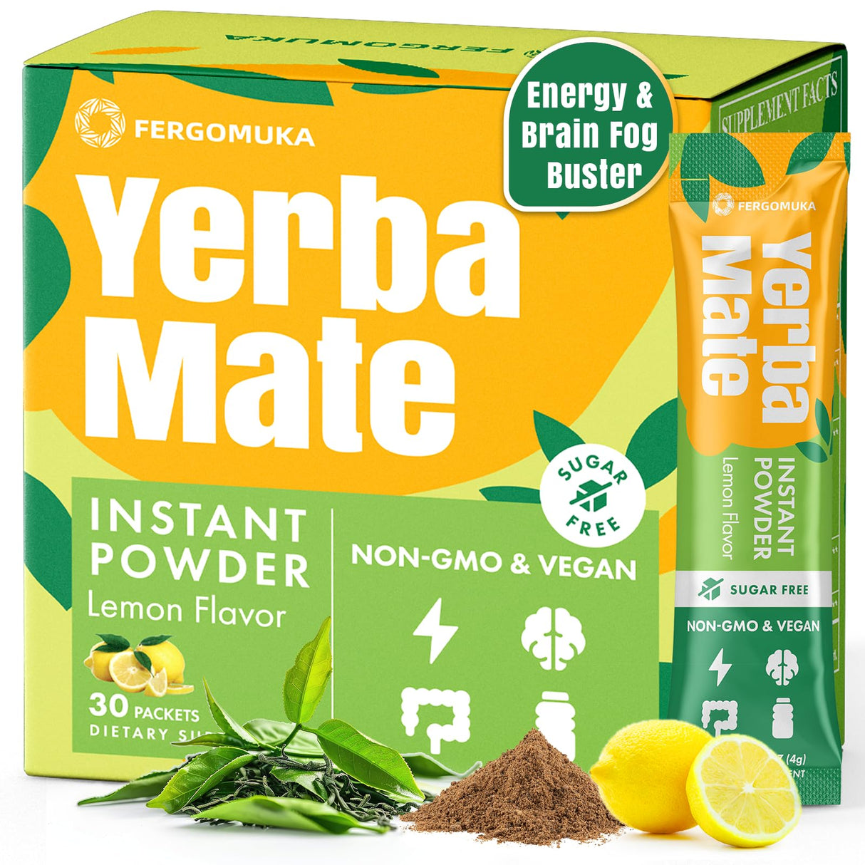 Yerba Mate 4000mg, 10 in 1 Yerba Mate Tea Instant Powder - No Sugar Content, Clean Energy with No Crash, Stay Refreshed and Focused, with Ginseng & Rhodiola, Prebiotic & L-Theanine, 30 Packets (Lemon)