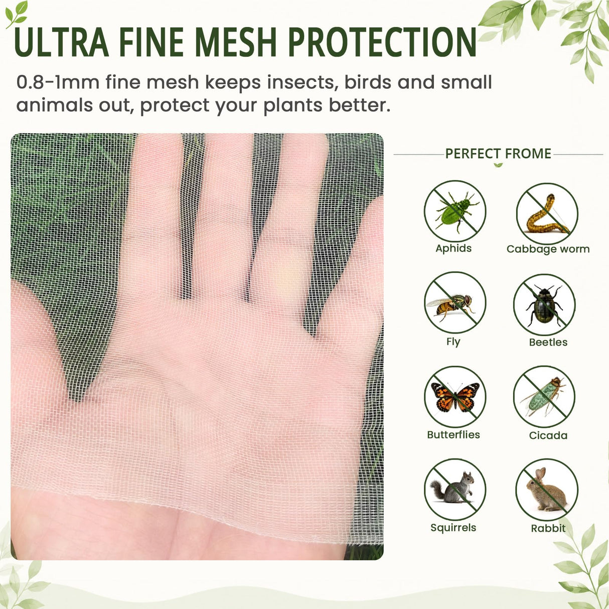 10Ft x 50Ft Garden Netting, Fine Mesh Insect Netting for Plant Protection, Mosquito Bug Bird Barrier Mesh Cover for Vegetables Fruits Flowers Raised Beds