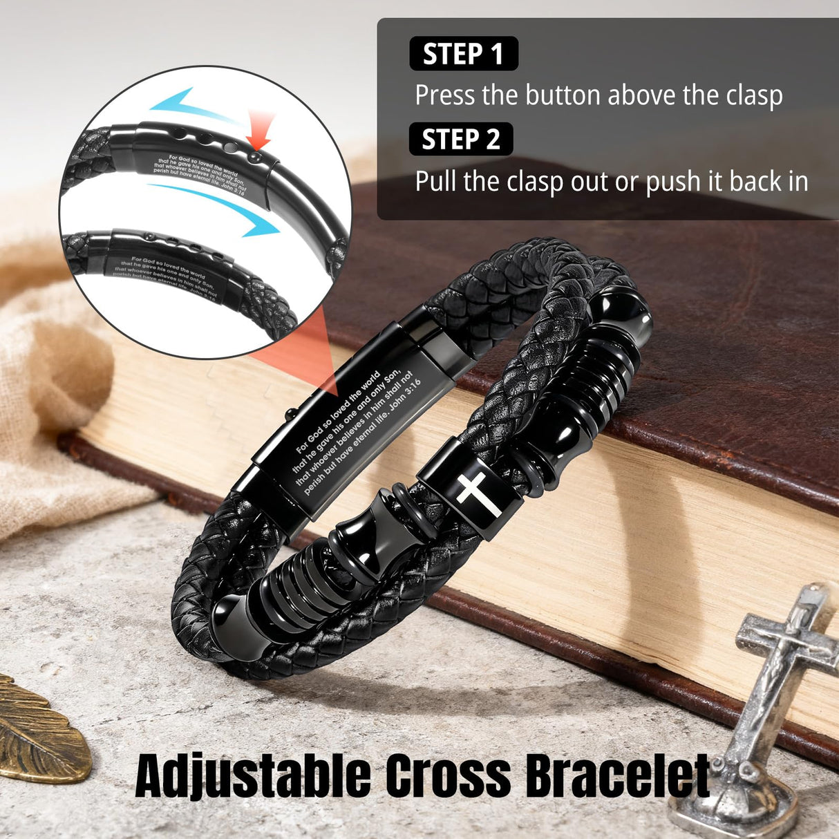 Enjoy Risingsun Bible Verse Christian Bracelet for Men, Adjustable Braided Black Leather Cross Jewelry, Inspirational Religious Faith Gifts for Men, Dad, Son, Husband (Joshua 1:9)