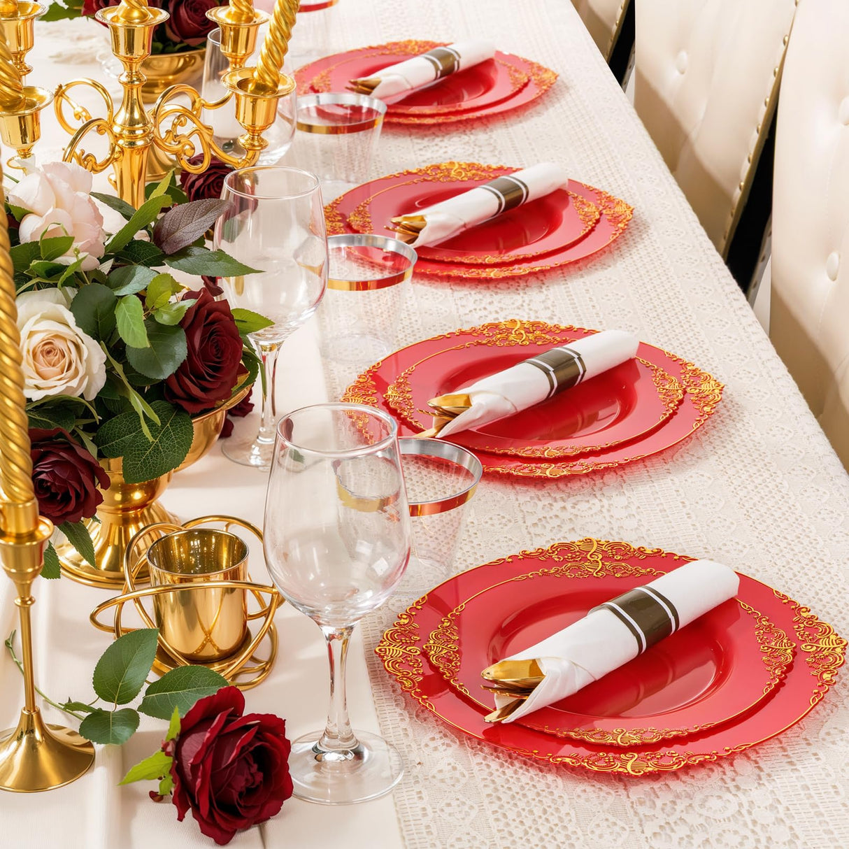 Nervure 350PCS Red Plastic Plates - Red Gold Plastic Dinnerware Sets for 50 Guests - 100 Gold Disposable Plates, 50 Pre Rolled Silverware Sets, 50 Cups Perfect for Wedding & Party & Christmas