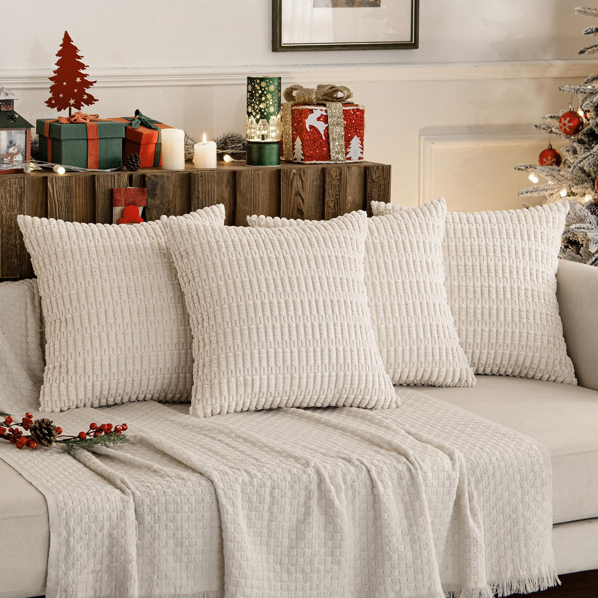 MIULEE Pack of 4 Cream White Corduroy Christmas Decorative Throw Pillow Covers 18x18 Inch Soft Boho Striped Pillow Covers Modern Farmhouse Home Decor for Sofa Living Room Couch Bed
