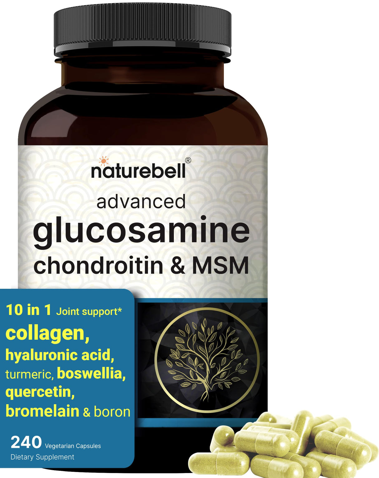 Glucosamine Chondroitin MSM Supplement, 240 Capsules | 10-in-1 Joint Supplements for Men & Women – with Hyaluronic Acid, Collagen, Glucosamine Sulfate, Turmeric, Boswellia, & More – Non-GMO