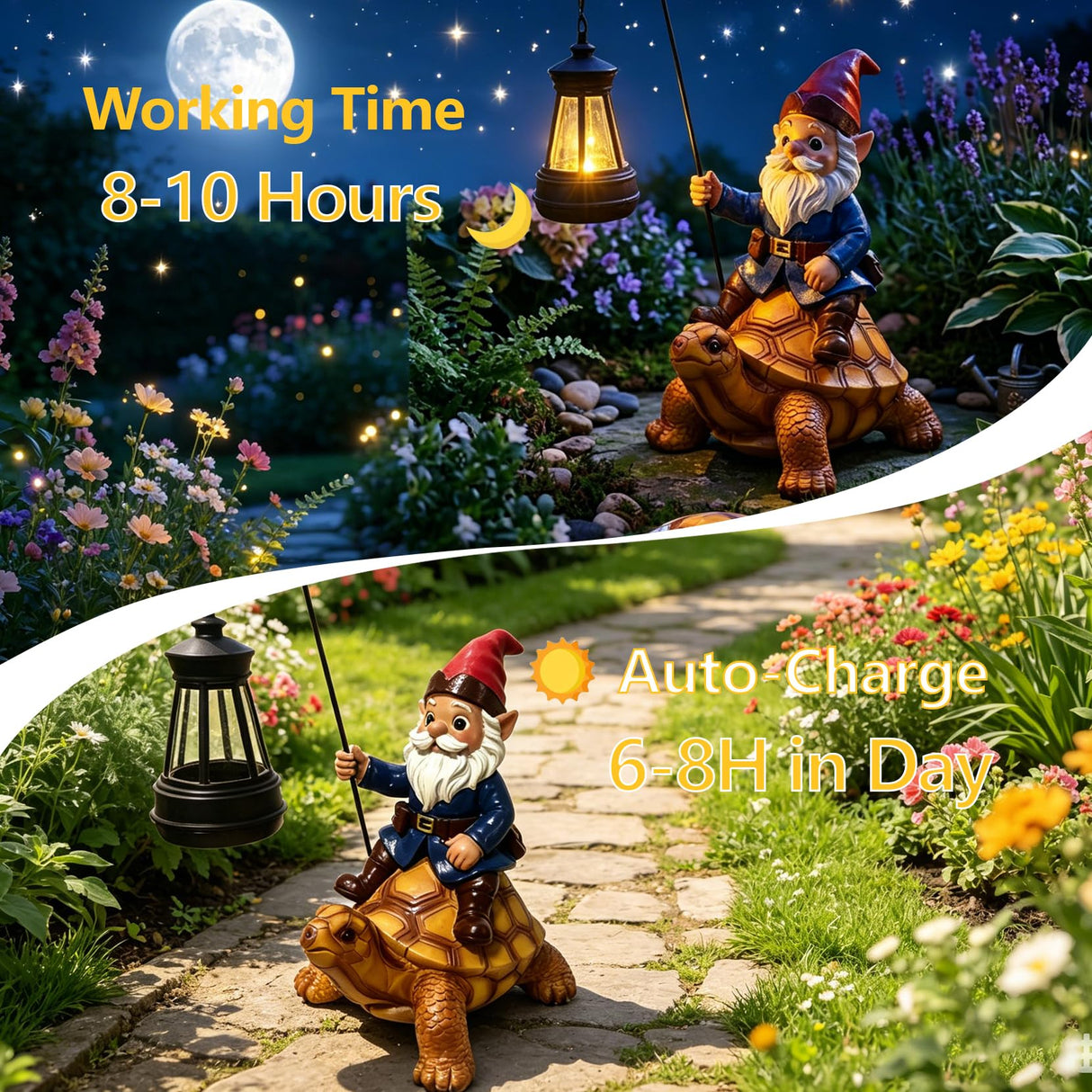 Wlcbomuoe Garden Gnome Decoration, Funny Resin Solar Gnome Statue for Lawn Patio Yard Outdoor Decor, Turtle Riding Gnome Figurine with Lantern, Gift for Women and Men (Gnome-F)