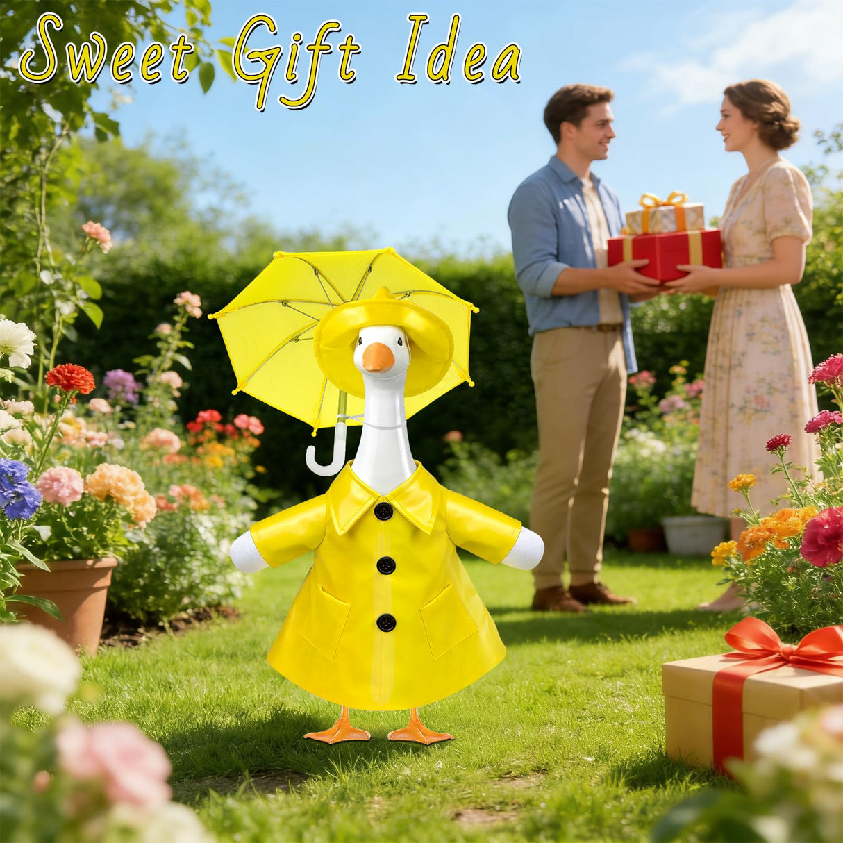 PaLuQiYa 3 Pcs/Set Raincoat Porch Goose Outfits, Summer Lawn Goose Statue Raincoat Costume, Yard Goose Clothes Raincoats Umbrella Hat Outfit for 23" Statue Patio Garden Decoration Yellow