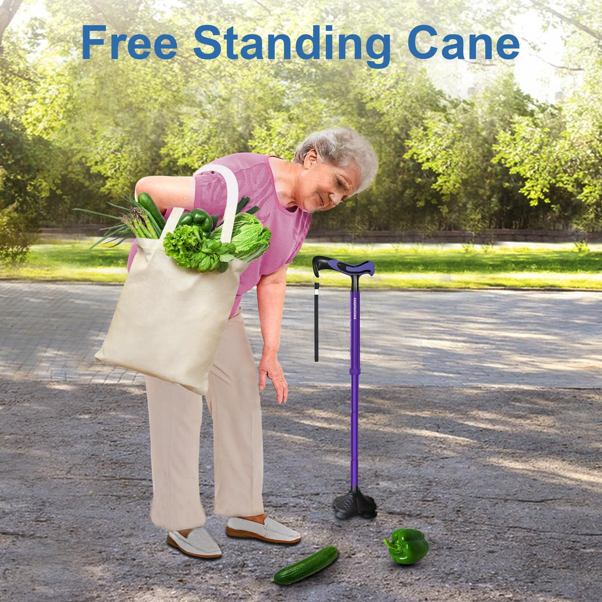 KingPavonini Walking Cane for Men Women Stability, Free Standing Foldable Cane, Ergonomic Handle Pivoting Quad Base, Heavy Duty 350 LBs, Adjustable Walking Canes for Seniors Balance with Travel Bag