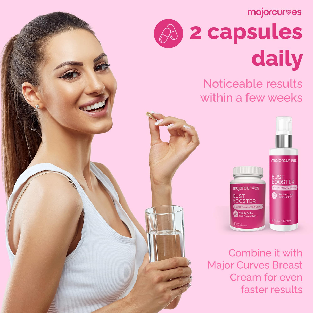 Major Curves Bust Booster Breast Enhancement Pills – Natural Supplement for Breast Growth, Firmness, Fuller Shape, Curvier Bust, Rounder Cleavage, Volume Boost – Made in USA