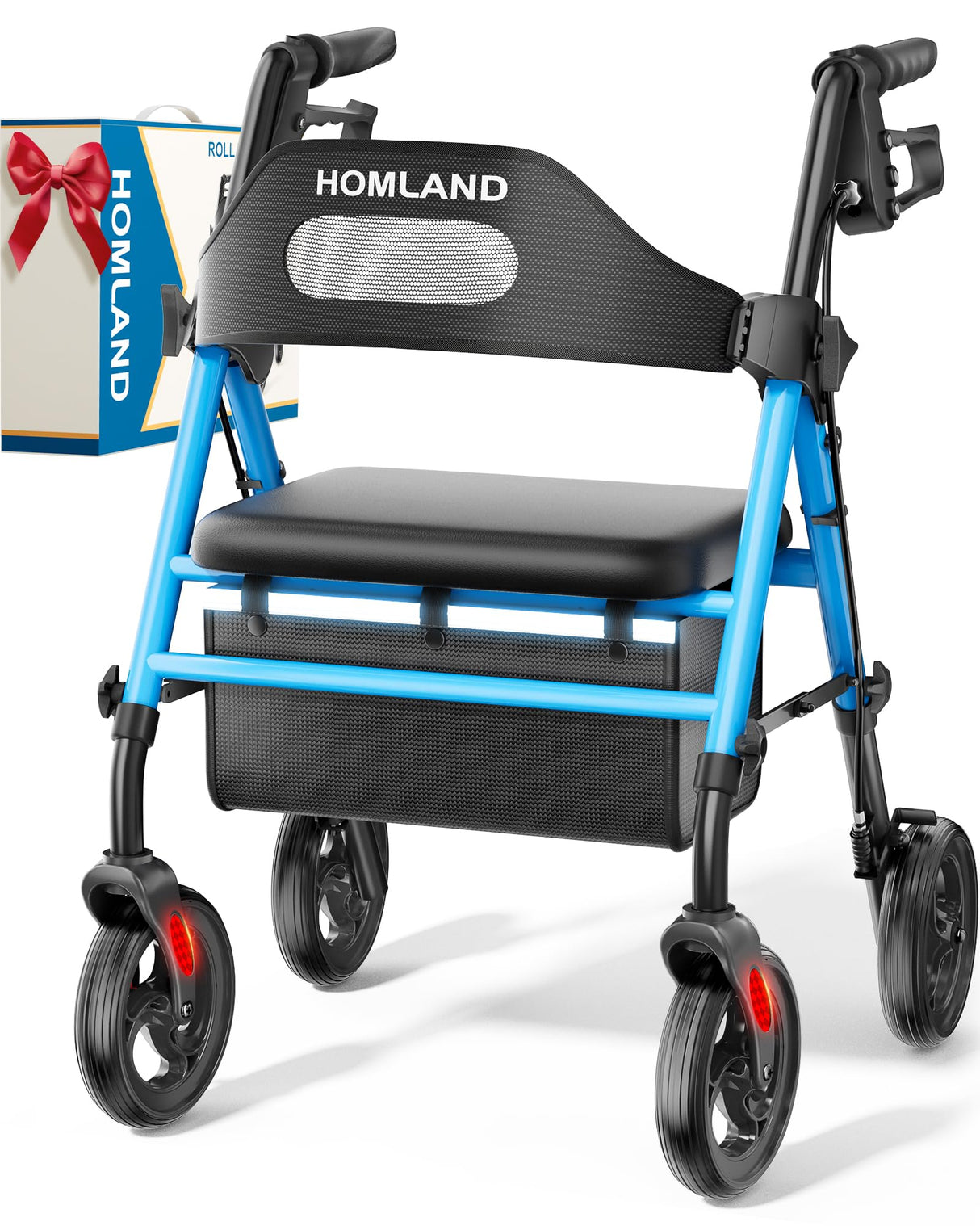 HOMLAND Foldable Rollator Walkers with Seat for Seniors, 8'' Big Wheels, 350 lb. Weight Capacity, Adjustable Handles and Seat Height, Lightweight Rolling Walker, Light Blue