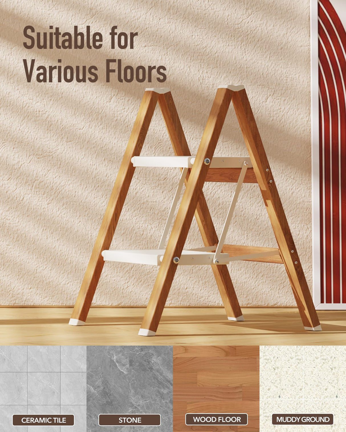 Mayi Plus 2-Step Aluminum Ladder,Lightweight Folding Step Stool with Extra-Wide Anti-Slip Steps,330 lbs Capacity,Compact Space-Saving Design for Home,Kitchen and Office(White&Woodgrain)