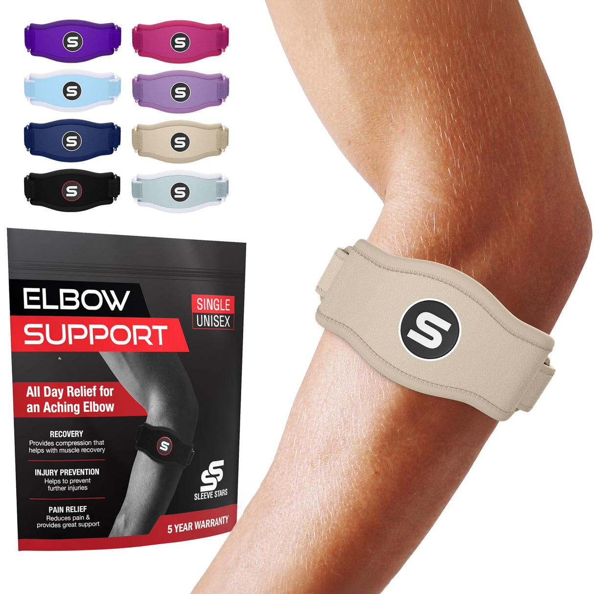 Sleeve Stars Tennis Elbow Brace for Men & Women, Tendonitis Elbow Brace & Strap Golfers Elbow Brace Counterforce Band for Tendon Pain Relief & Support for Forearm w/ 3 Straps Fits 9-23" (Single) (2, Beige, One Size)