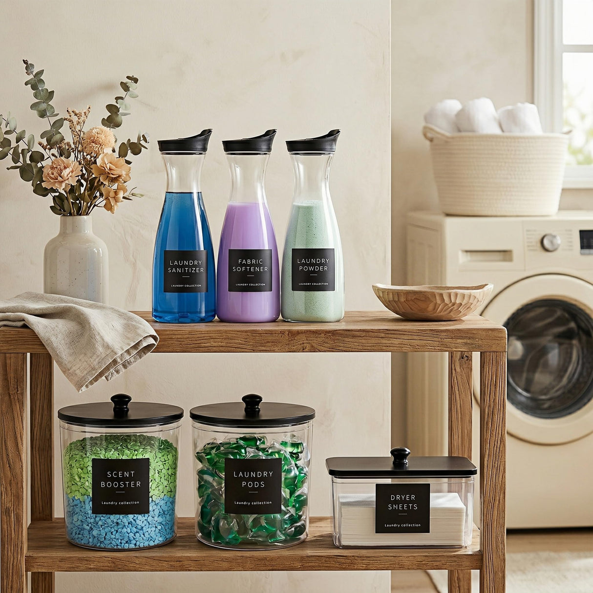 WENDORLO 6 Pack Laundry Pods Containers & Dryer Sheet Holder & Laundry Detergent Dispenser, Laundry Room Organization and Storage Jars with Lids, Labels and Scoops for Scent Booster, Powder, Pods