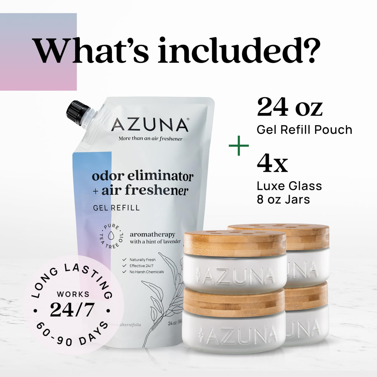 Azuna Air Freshener & Odor Eliminator for Strong Odor | 4 Room Kit Includes (4) Empty Luxe Glass Jar & 24oz Gel Refill with Tea Tree Essential Oil | Aromatherapy | Last 60-90 Days