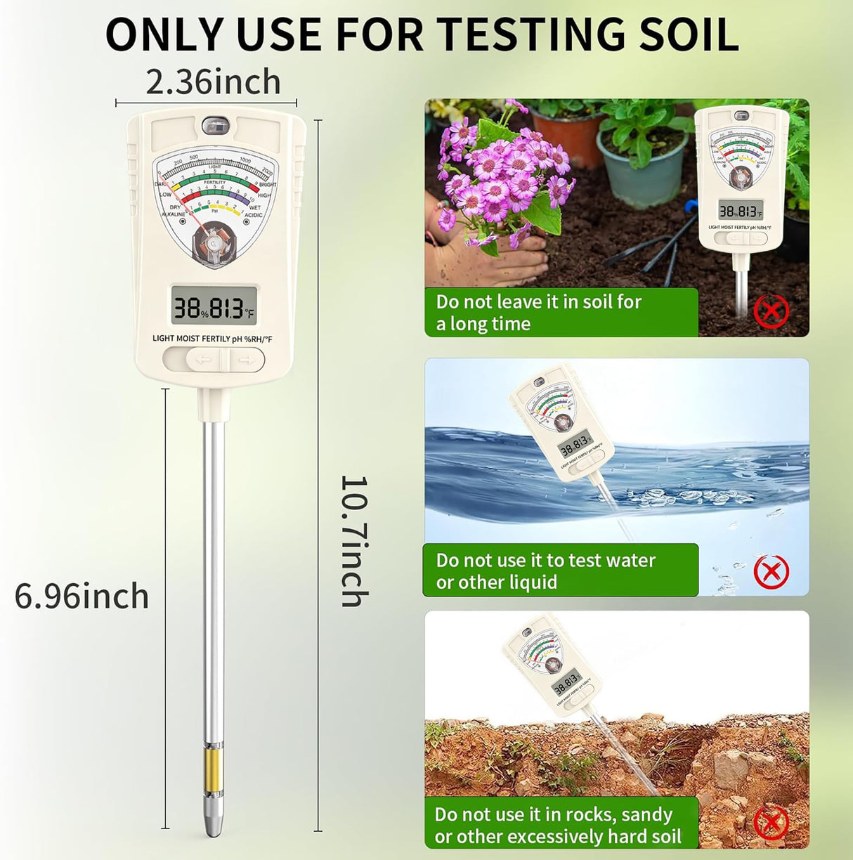 Soil Test Kit, 7-in-1 Soil Moisture Meter, Dual Screen Soil Tester, Moisture/pH/Temperature/Sunlight/Air Humidity/Fertility, Perfect for Farming, Gardening, Lawns, Outdoor-Lvory White
