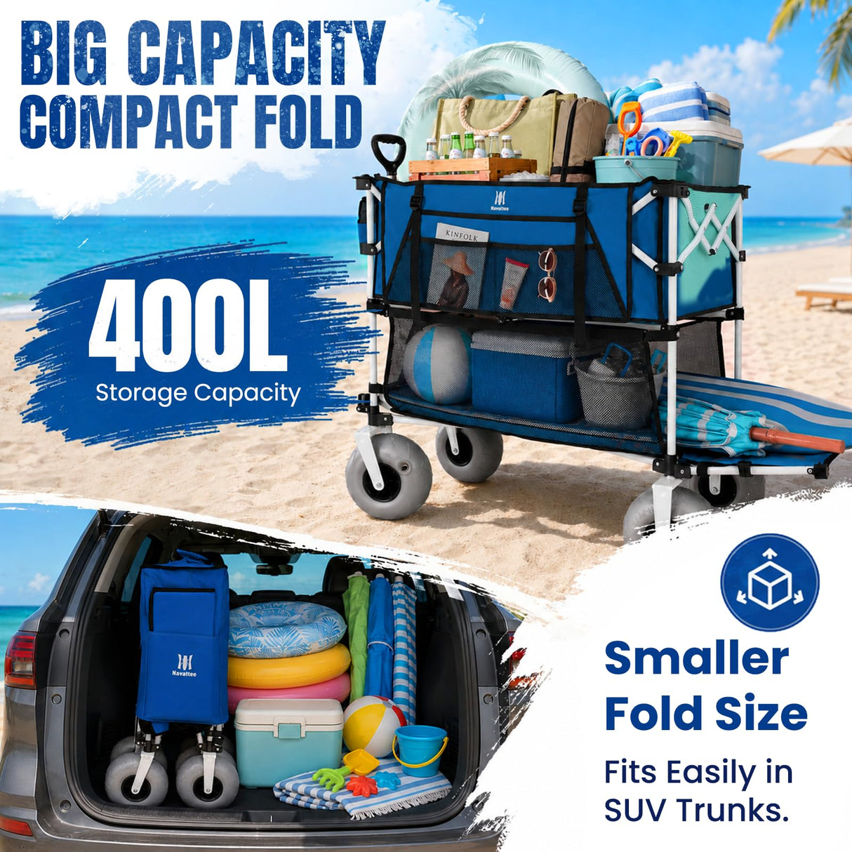 Navatiee 500Lbs Double Decker Wagon, 400L Large Capacity Heavy Duty Beach Cart with 9" Balloon Wheels for Sand, Folding Collapsible Wagon with Side Pocket for Beach, Sport, Camping, Blue