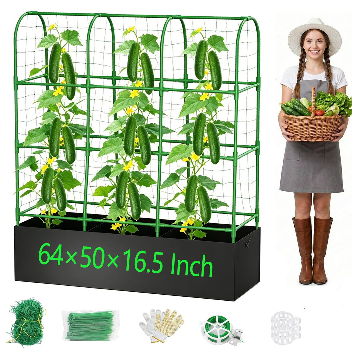 63"x49"Cucumber Trellis with Grow Bag,U-Shape Trellis for Climbing Plants