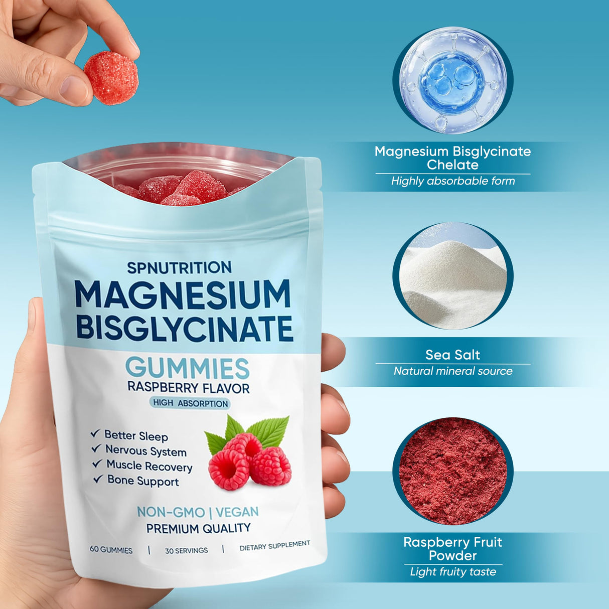 Spnutrition Magnesium Bisglycinate Gummies, with 400mg Magnesium Bisglycinate Chelate, Sea Salt, Raspberry Fruit Powder, Improve Sleep & nervous, Relax Muscles, Strengthen Bones, Vegan, 60 Gummies (1)