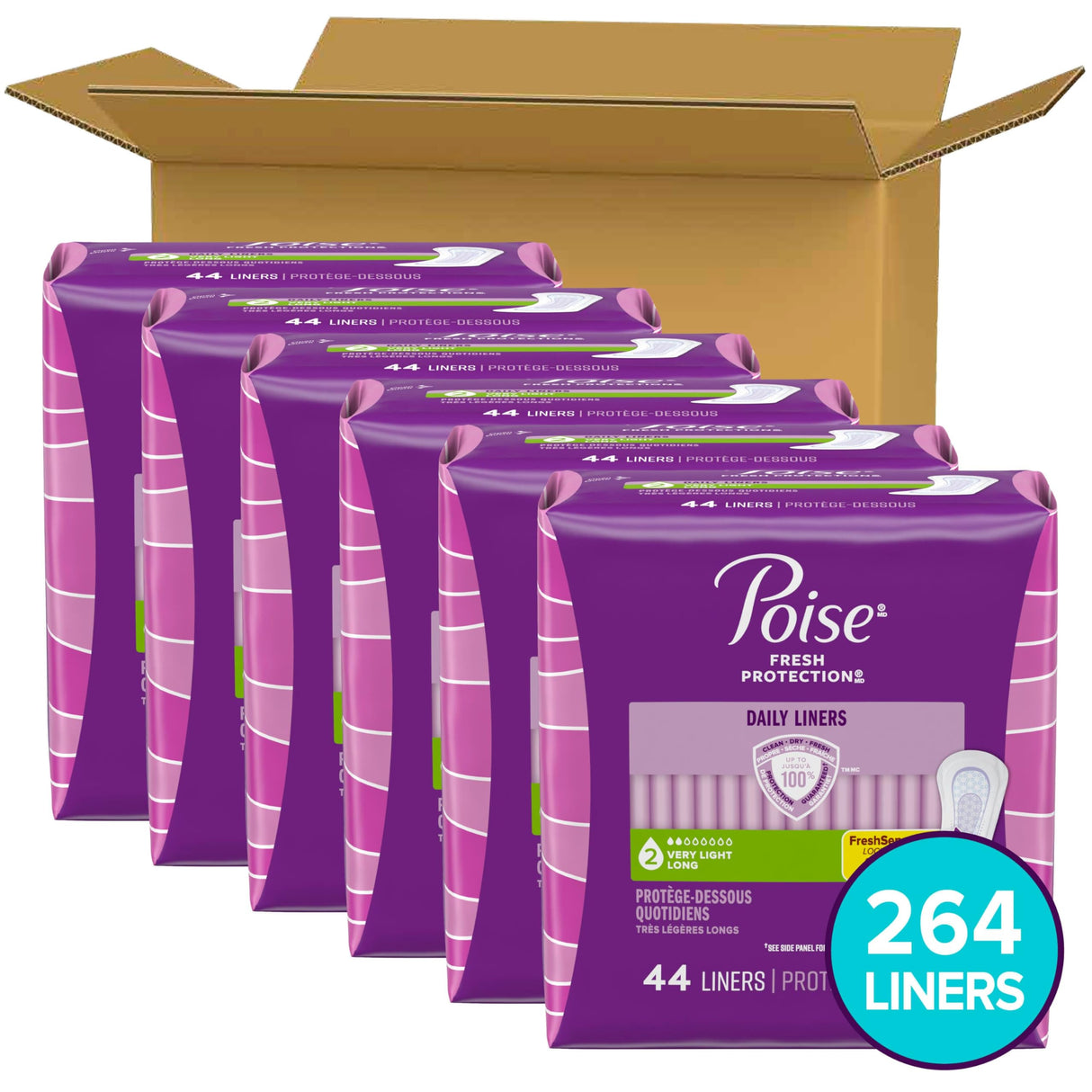 Poise Daily Liners, Incontinence Panty Liners, 2 Drop Very Light Absorbency, Long Length, 264 Count of Pantiliners (6 Packs of 44), Packaging May Vary