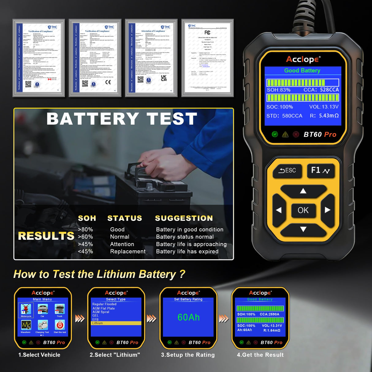 Acclope BT60 Pro Car Battery Tester, Digital Analyzer with Cloud Printing, 100-3000 CCA Range for 6V/12V/24V AGM, Lithium, Gel Batteries, Automotive Charging System