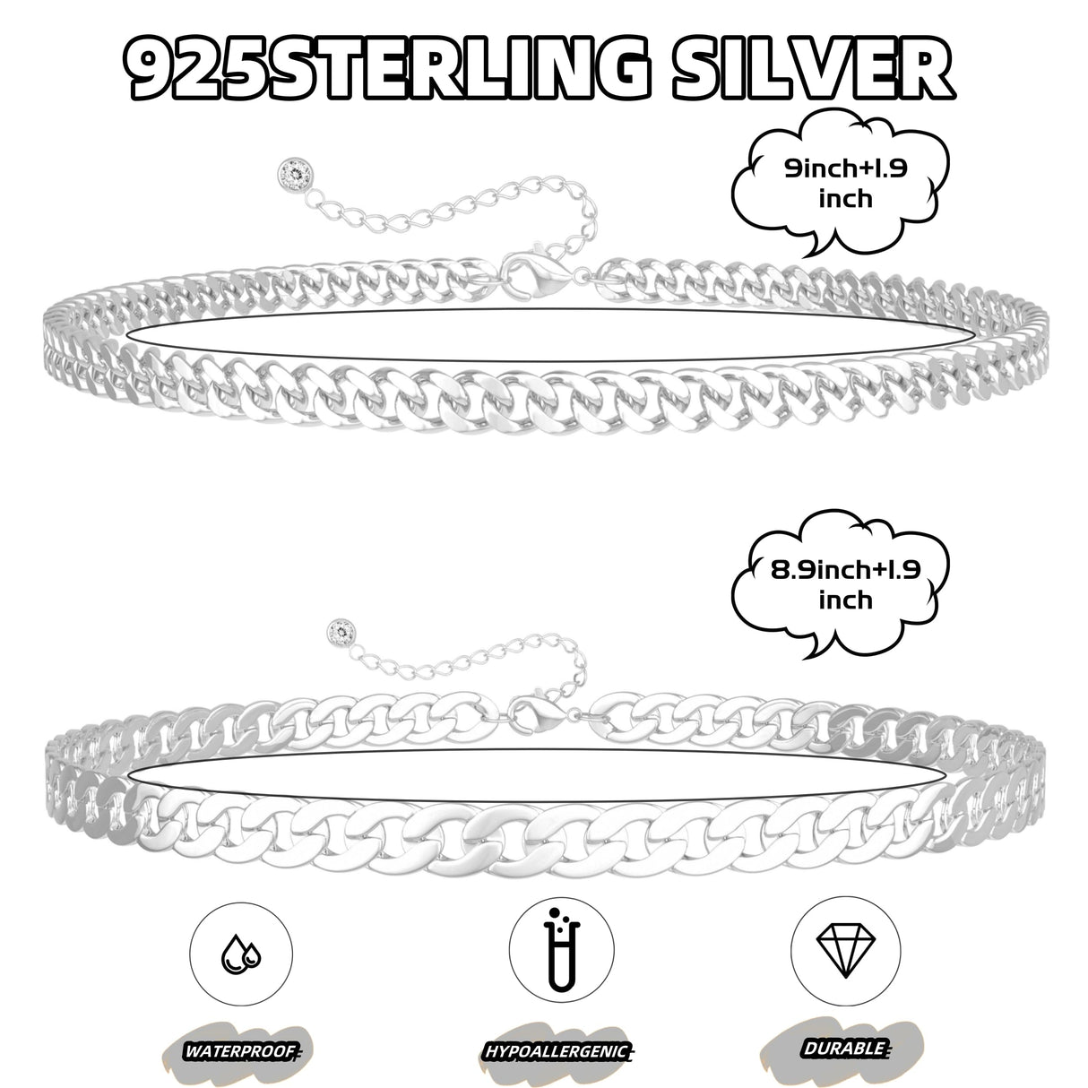 Sterling Silver Ankle Bracelets for Women Waterproof - Dainty Silver Anklets Trendy Layered 925 Silver Plated Stackable Chunky Cuban Link Chian Anklet Bracelet Set for Women Non Tarnish Jewelry Gift