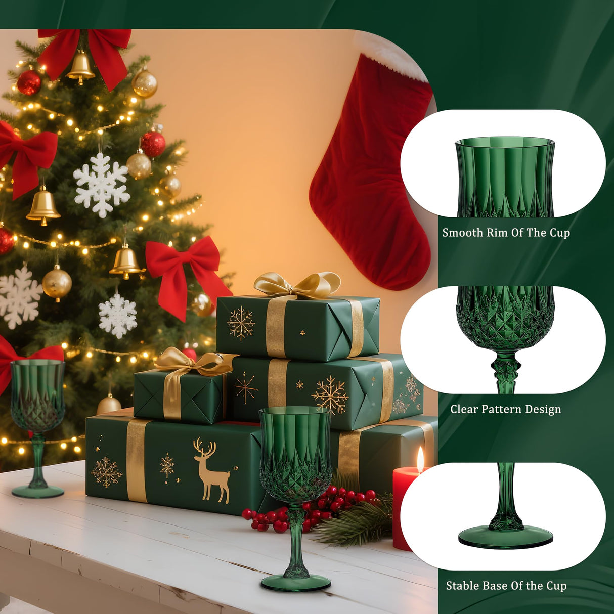 HTTBEIZI 24PCS 7OZ Dark Green Wine Plastic Glasses, Drinking Champagne Glasses Flutes Crystal Vintage Water Unbreakable Goblets for Christmas, Wedding, Parties