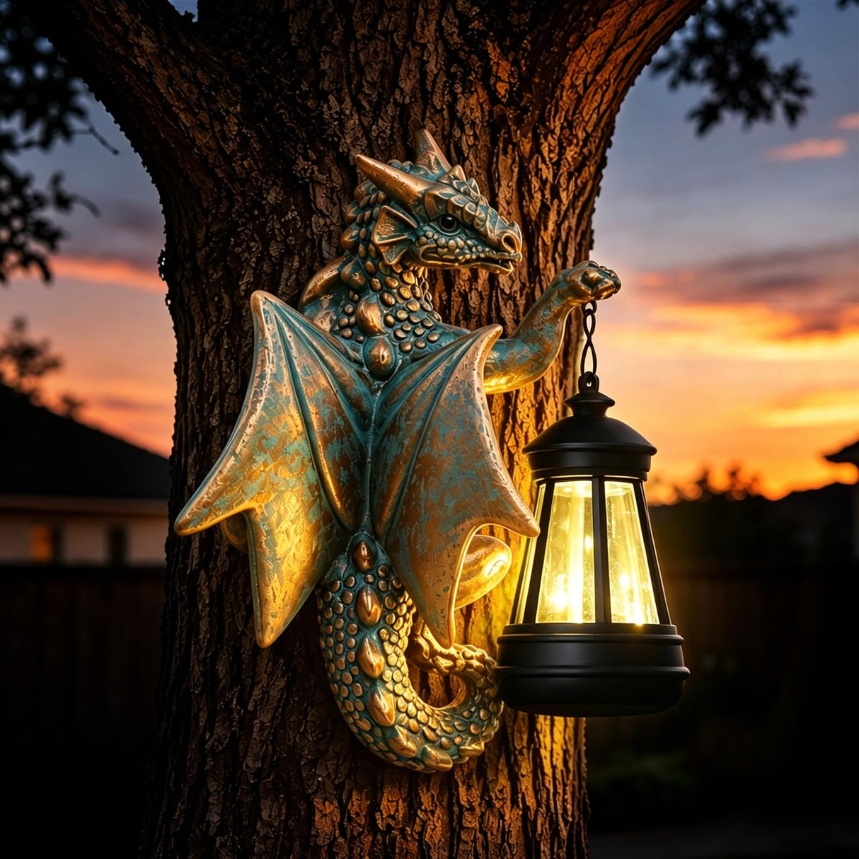 Goodeco Dragon Tree Hugger Garden Statue with Solar Lantern - 9.3 Inch Resin Dragon Decor for Outdoor, Perfect Dragon Gifts & Yard Decor(Bronze)