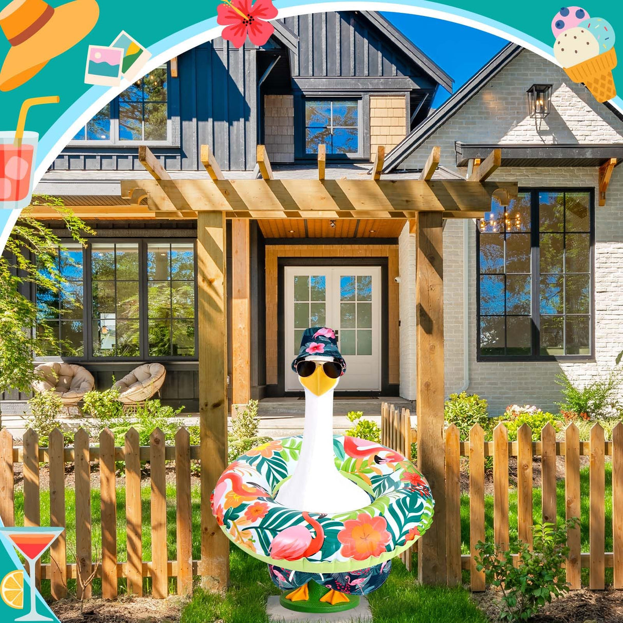 GANSHAYA Summer Goose Outfits Porch Goose Hawaiian Outfit 23 Inch Tropical Goose Clothes with Swim Trunks Sun Hat Sunglasses Swim Ring for Geese Statue Spring Summer Decor (Flamingo)