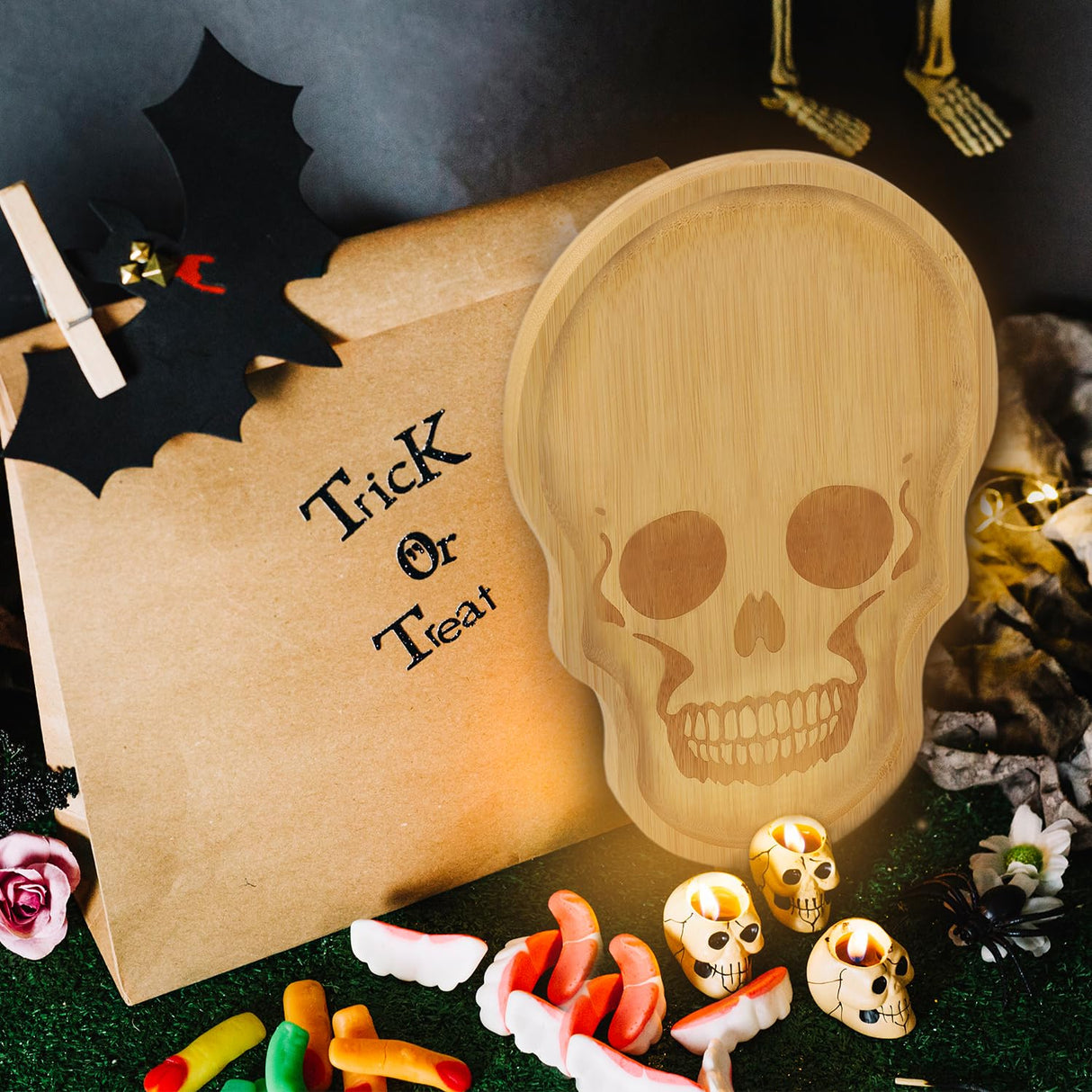 Funny Skull Aperitif Board XILAZAB Unique Large Bamboo Wood Halloween Charcuterie Cheese Cutting Board Spooky Skeleton Decorative Serving Platter Tray for Thanksgiving Christmas Housewarming Party