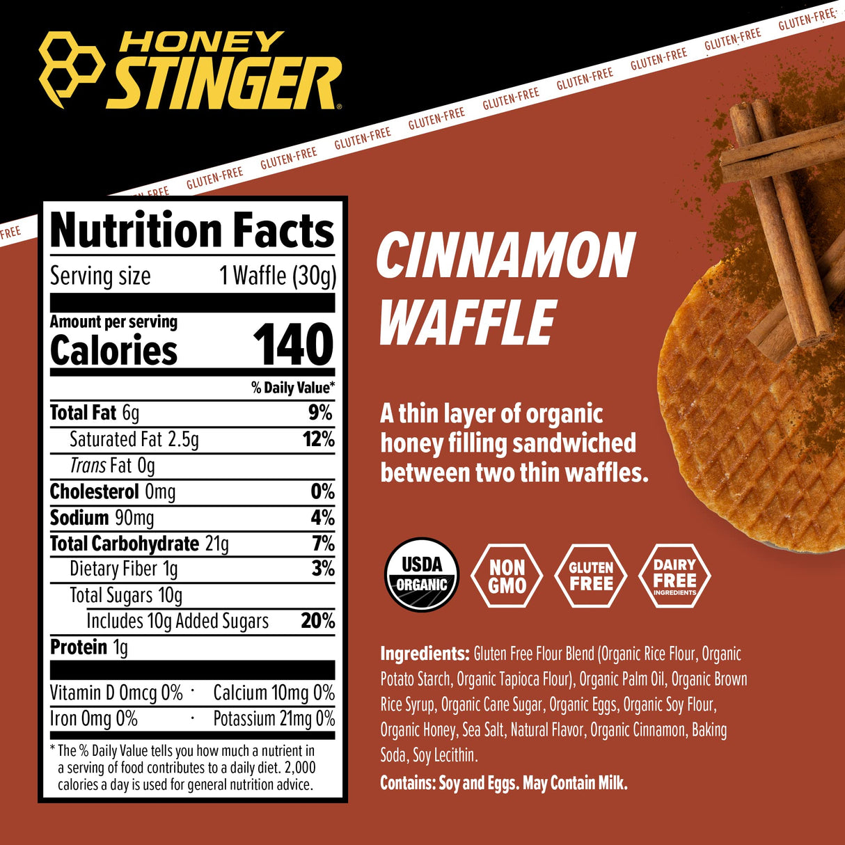 Honey Stinger Organic Gluten Free Cinnamon Waffle, Energy Stroopwafel for Exercise, Endurance and Performance, Sports Nutrition for Home & Gym, Pre and Post Workout, Box of 16 Waffles, 16.96 Ounces