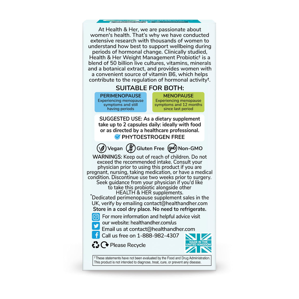 Health & Her Weight Management Probiotics for Women - Perimenopause & Menopause Supplement - Clinically Studied 50bn CFU Probiotics to Support Gut Health, Energy, Mood & Mind, Vegan (60 ct - 1 Month)