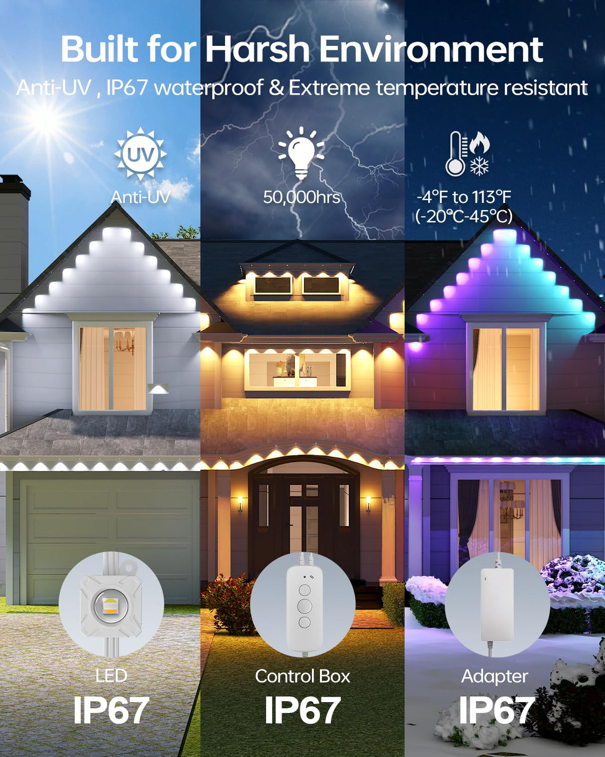 ASAHOM Permanent Outdoor Light Pro S108B, 100FT with 72 RGBCW 70lm LED, WLED Integration, AI Lighting, 30000 Lighting Effect Combination, IP67 Waterproof for Halloween Christmas and Daily Decor, White