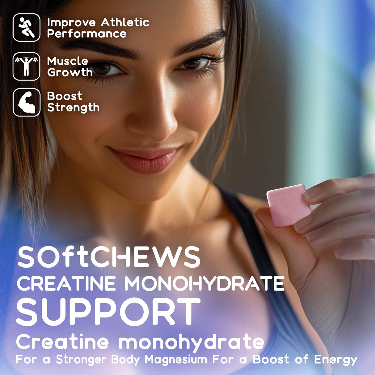 Creatine Monohydrate Chews Complex for Men & Women -Advanced Formula W/L-Taurine + Vitamin B12, Sugar Free Chewable Supplement,60 Blueberry Softchews