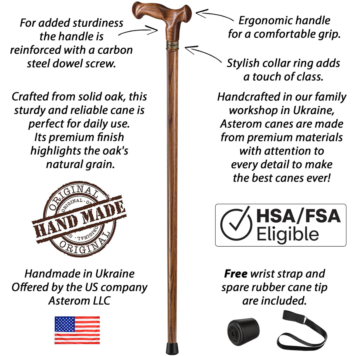 Asterom Walking Cane - Handmade, Ergonomic, Wooden Canes for Men & Women - Unique Wood Walking Sticks for Seniors (Caramel, 35 Inches)