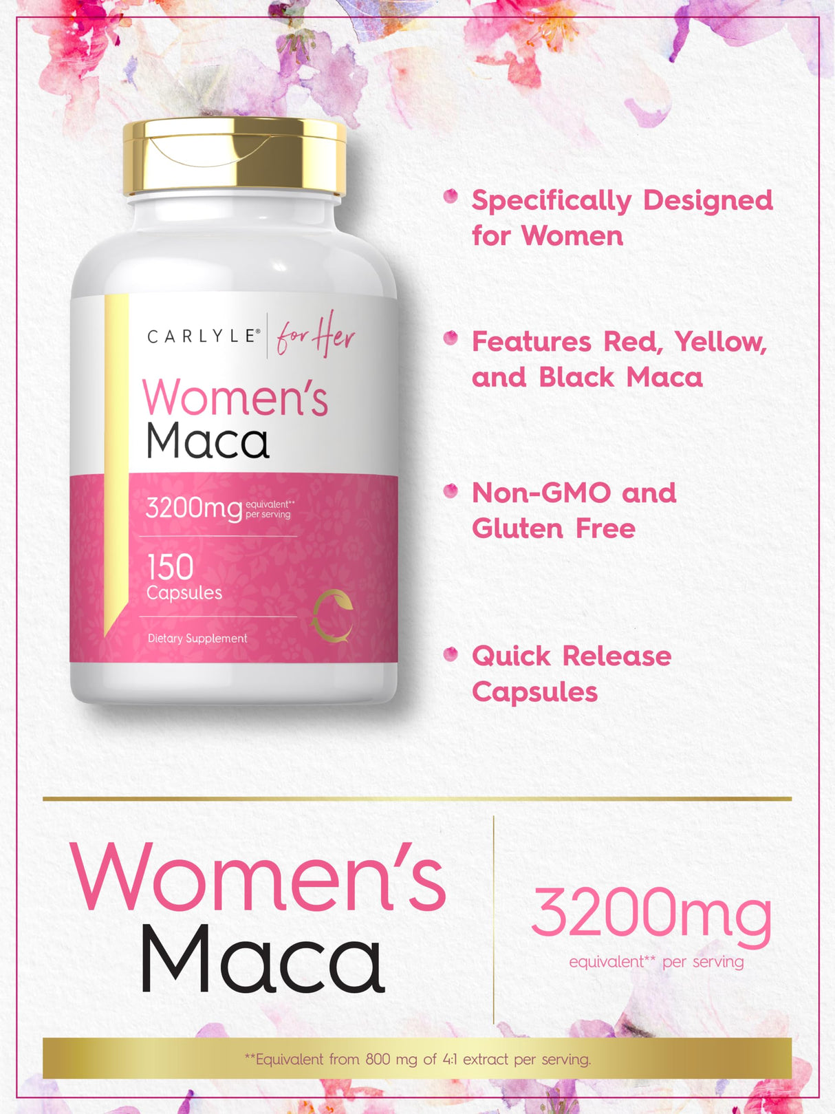 Carlyle Maca Root Capsules for Women 3200mg | 150 Count | Non-GMO, Gluten Free Supplement | for Her