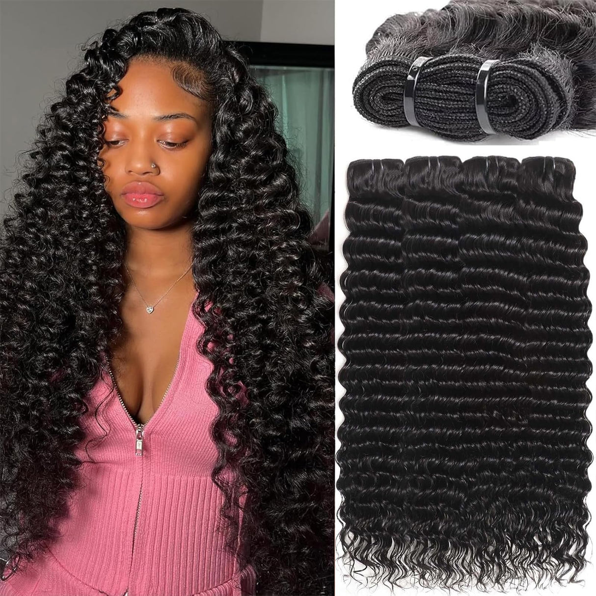 Human Hair Bundles 20 22 24 26 Inch Deep Wave Bundles Human Hair 12A 4 Bundles Human Hair 100% Unprocessed Virgin Deep Curly Human Hair Bundles Deals Real Human Hair Extensions Natural Black