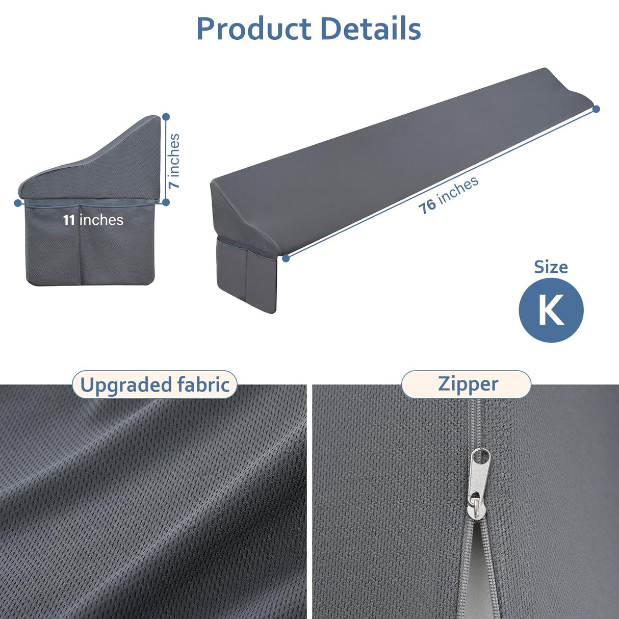 Vekkia King Bed Wedge Pillow for Headboard Gap Filler(0-7"),High-Density Foam,Prevents Pillows & Items from Falling,Ergonomic Design,Large Storage Pockets, Removable&Washable Cover,Gray,76''x7''x11''