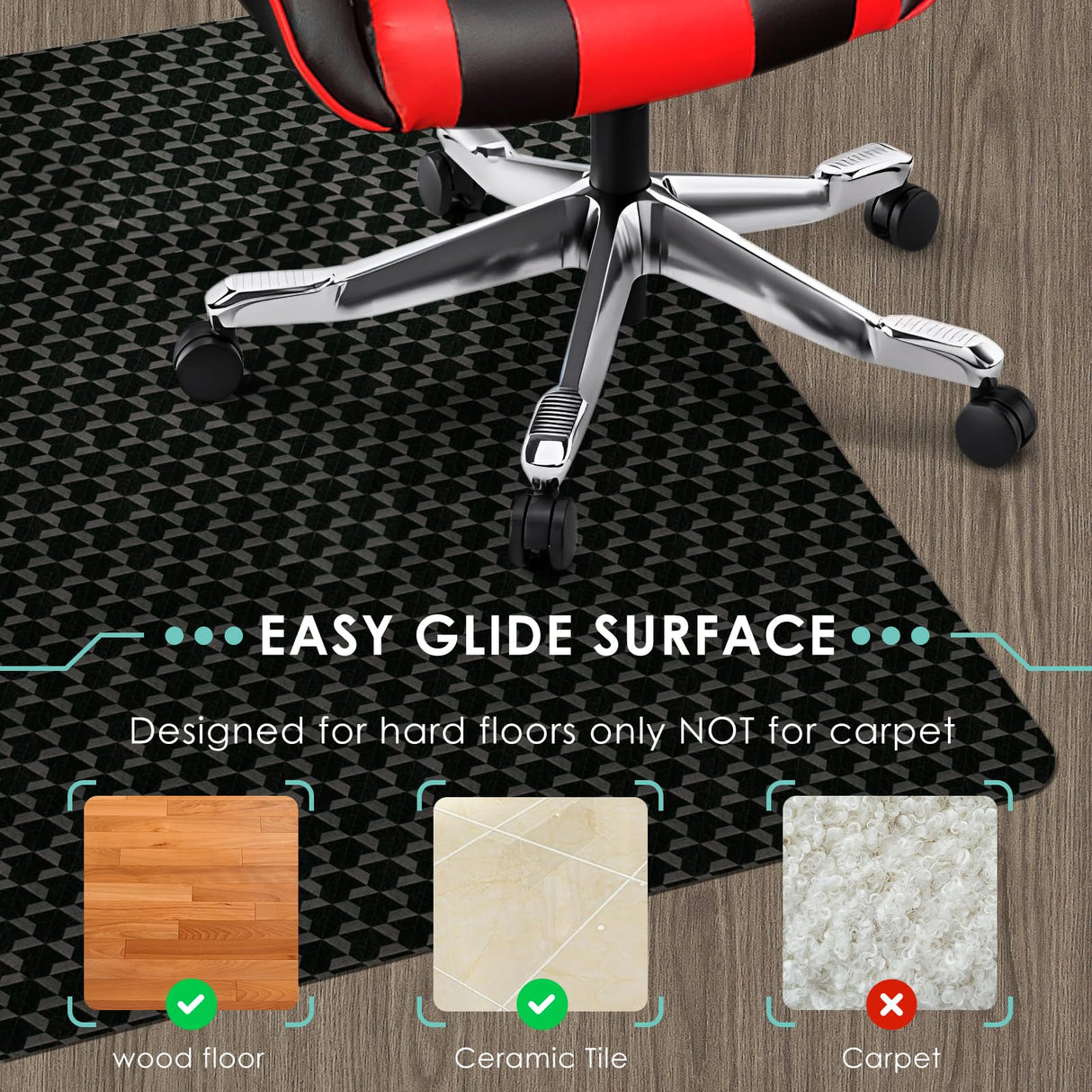 Vicwe Office Chair Mat for Hard Floor, 48""x36"" Anti-Slip PVC Computer Chair Mat for Gaming, Easy Glide for Chairs, Multi-Purpose Floor Protector Desk Chair Mat for Home Office, Black