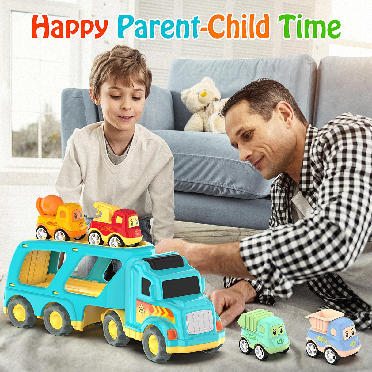 Veslier Toy Trucks for 2 3 4 5Years Old,Construction Transpor Trucks for Toddlers 2-4 Years with 4 Pull Back Cars for Toddlers 1-3,Christmas Birthday Gift for 18M+ 2 3 4 5 Years Old Kids Boys Girls.
