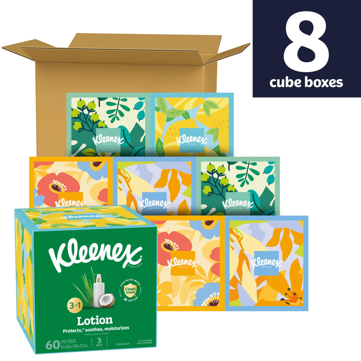Kleenex Lotion Facial Tissues, 8 Cube Boxes, 80 Tissues per Box